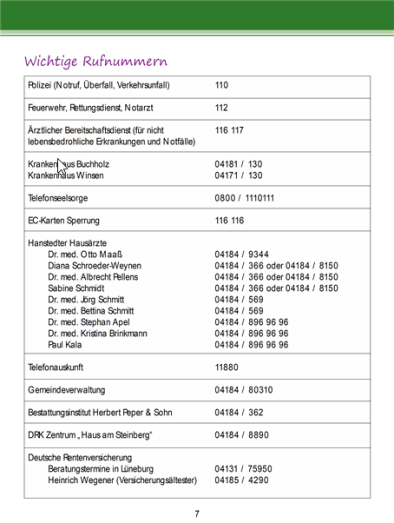 Wichtige Rufnummern
