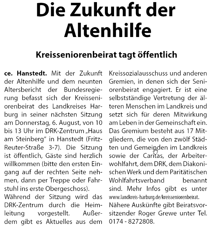 Zeitungsartikel über die öffentliche Sitzung des Kreisseniorenbeirats zur Zukunft der Altenhilfe
