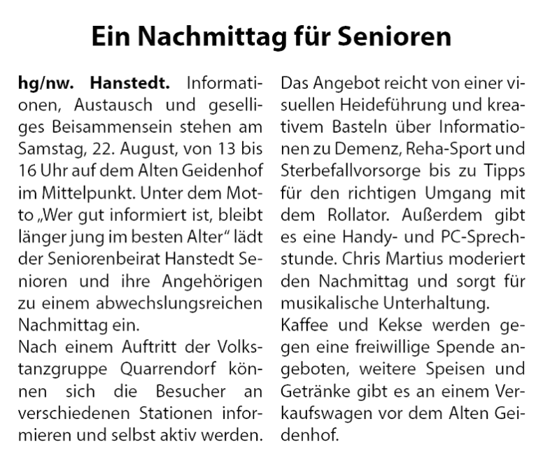 Zeitungsartikel über einen Nachmittag für Senioren in Hanstedt mit Informationen zu Aktivitäten und Angeboten