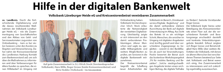 Artikel über die Unterstützung in der digitalen Bankenwelt, der verschiedene Mitarbeiter und eine Textdarstellung zeigt.